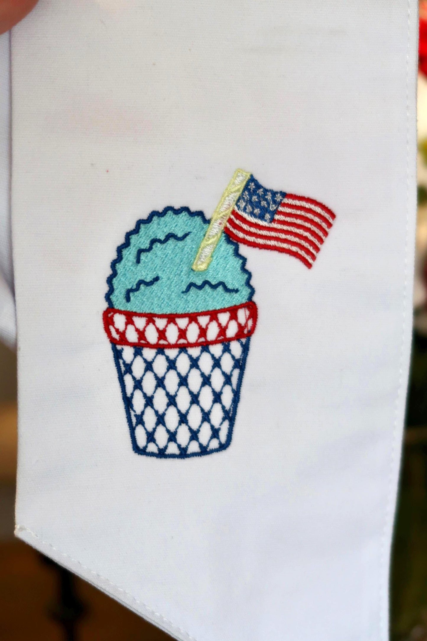 Patriotic Wreath Sash | White Cotton Sash with Red, White & Blue Snowcone and Monogram | 4th of July Door Decor
