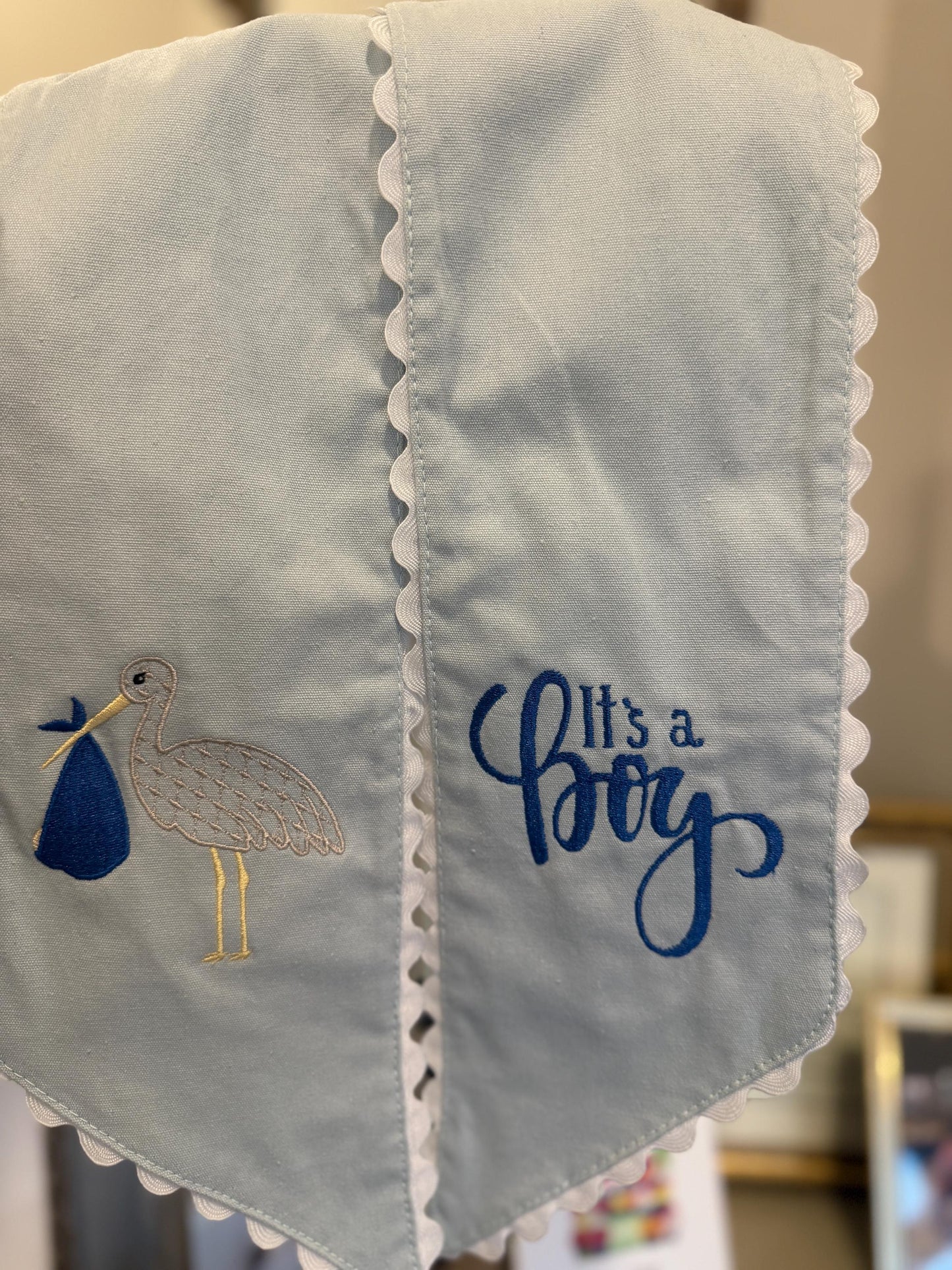 Baby Boy Stork Sash: Blue Ric Rac Trim, Nursery Decor