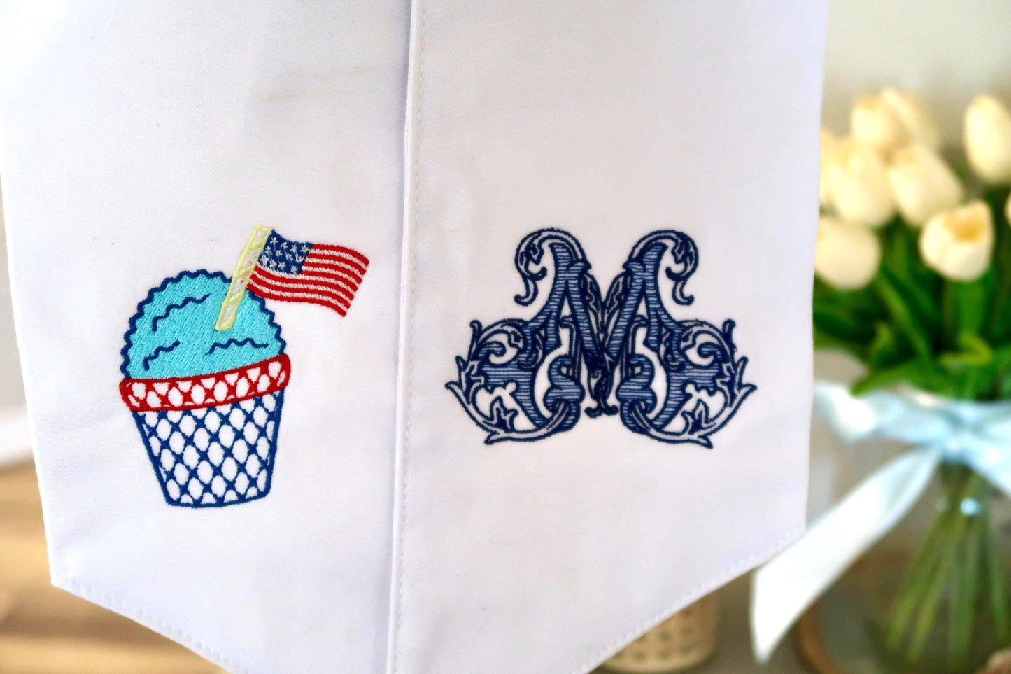 Patriotic Wreath Sash | White Cotton Sash with Red, White & Blue Snowcone and Monogram | 4th of July Door Decor