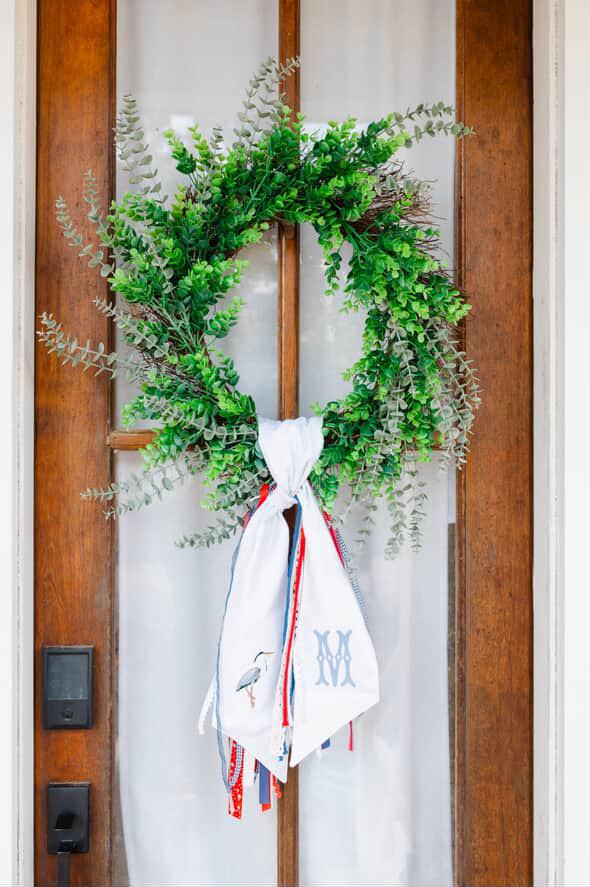 Coastal Heron Wreath Sash | White Cotton Sash with Blue Heron Design | Nautical Front Door Decor