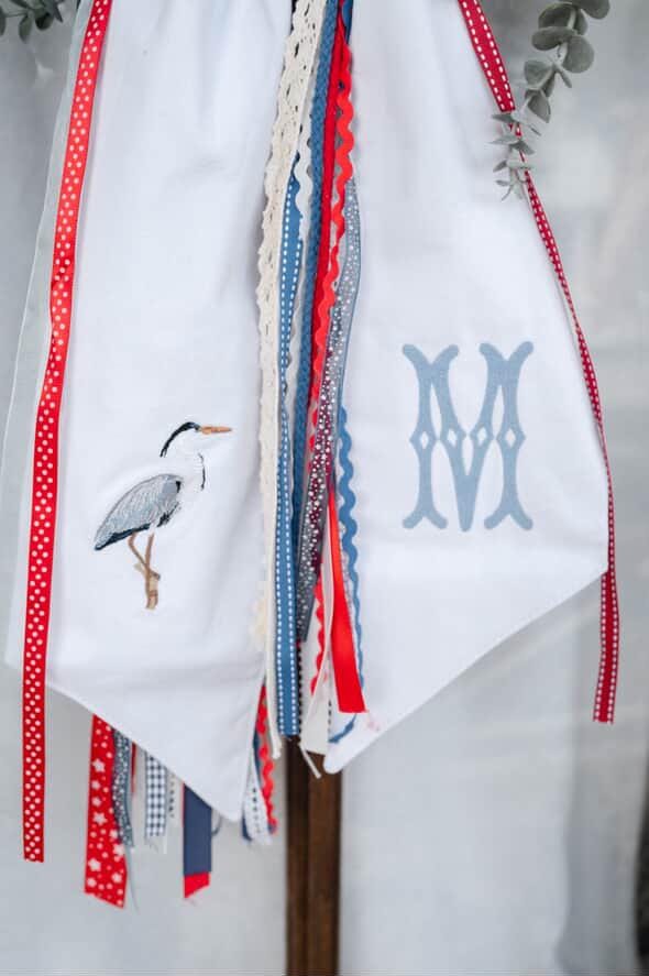 Coastal Heron Wreath Sash | White Cotton Sash with Blue Heron Design | Nautical Front Door Decor