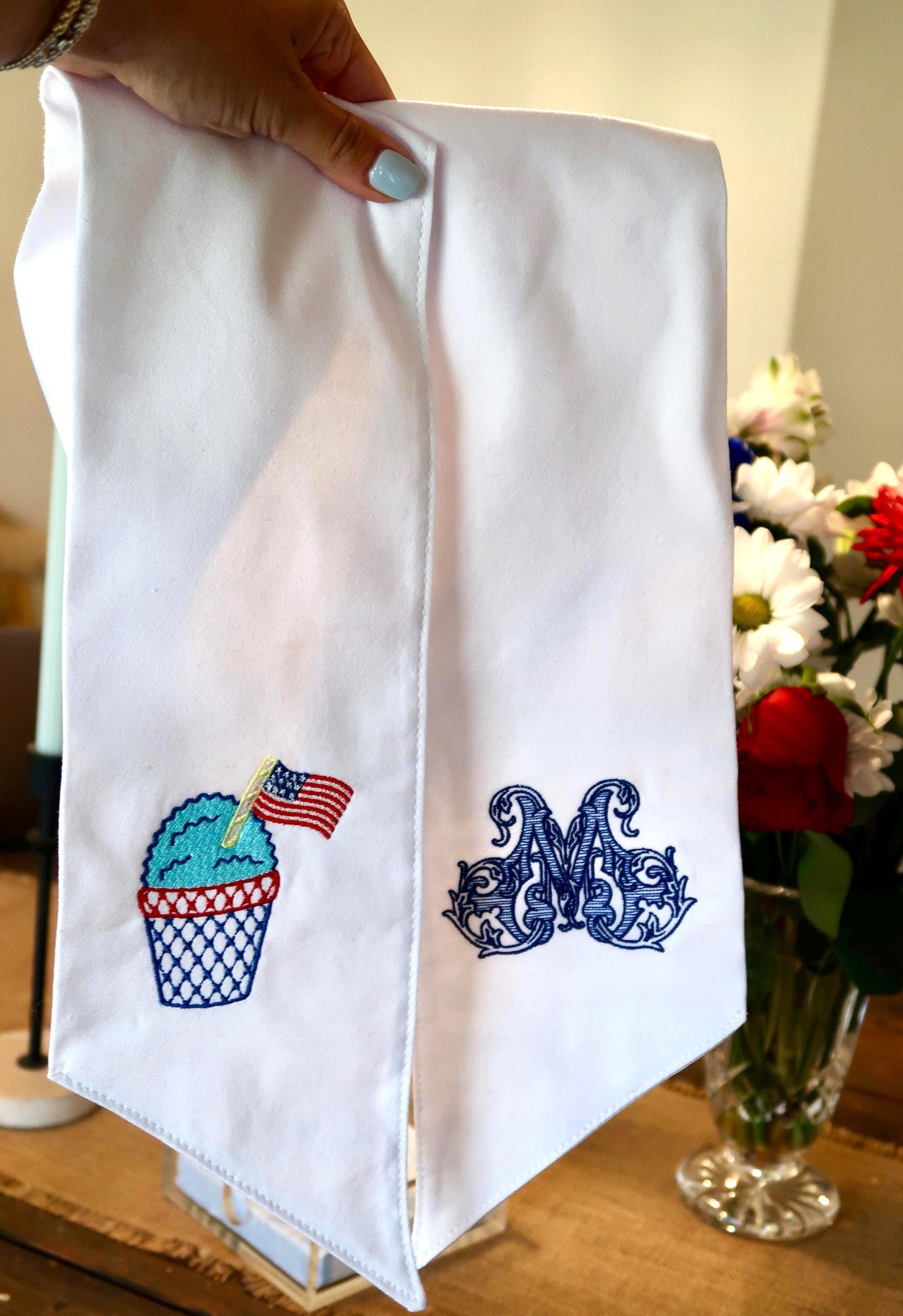 Patriotic Wreath Sash | White Cotton Sash with Red, White & Blue Snowcone and Monogram | 4th of July Door Decor