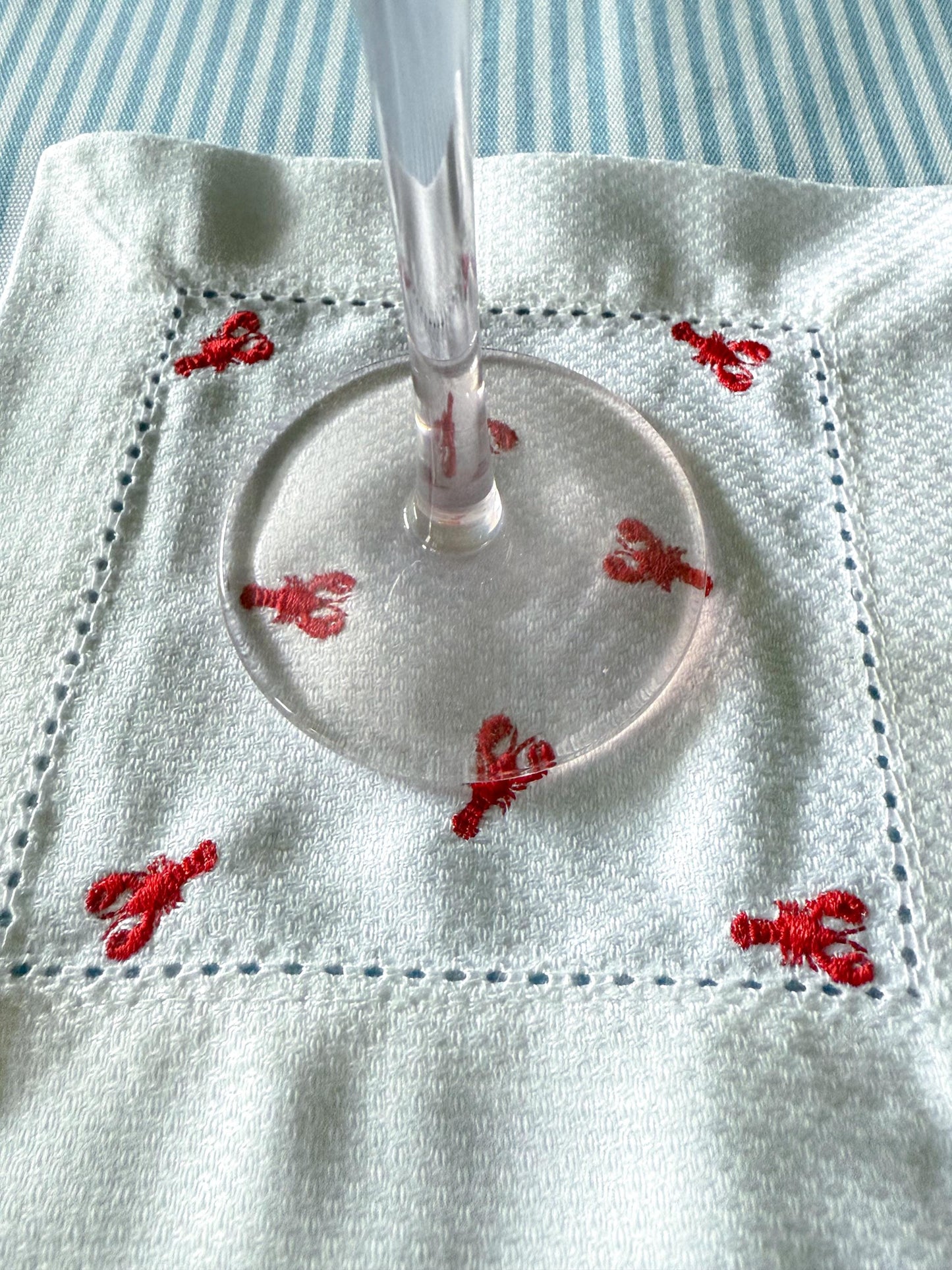 Lobster Embroidered Cocktail Napkins | Set of 4 | 6x6 White Huck Weave | Coastal Nautical Party Decor | Summer Beach House Hostess Gift