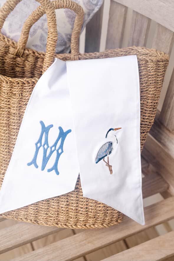 Coastal Heron Wreath Sash | White Cotton Sash with Blue Heron Design | Nautical Front Door Decor