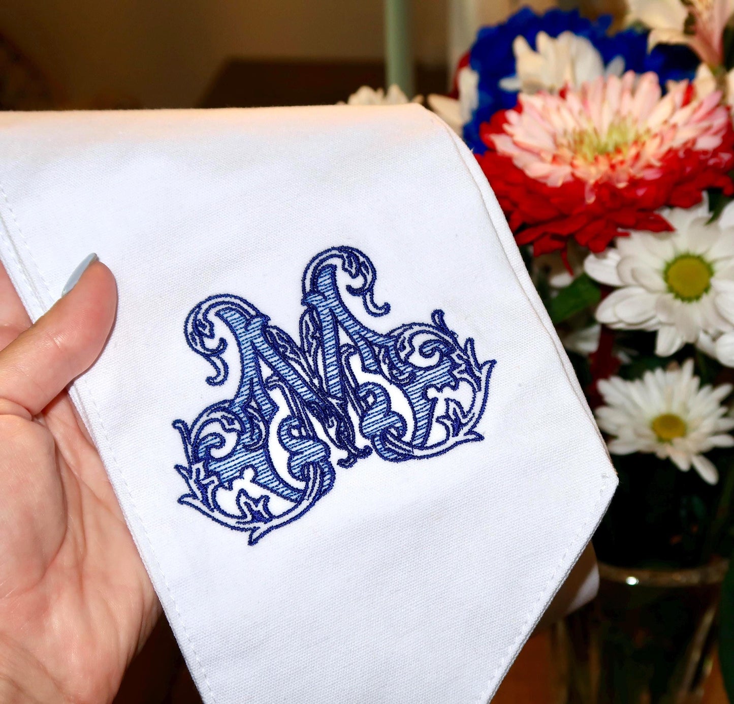 Patriotic Wreath Sash | White Cotton Sash with Red, White & Blue Snowcone and Monogram | 4th of July Door Decor