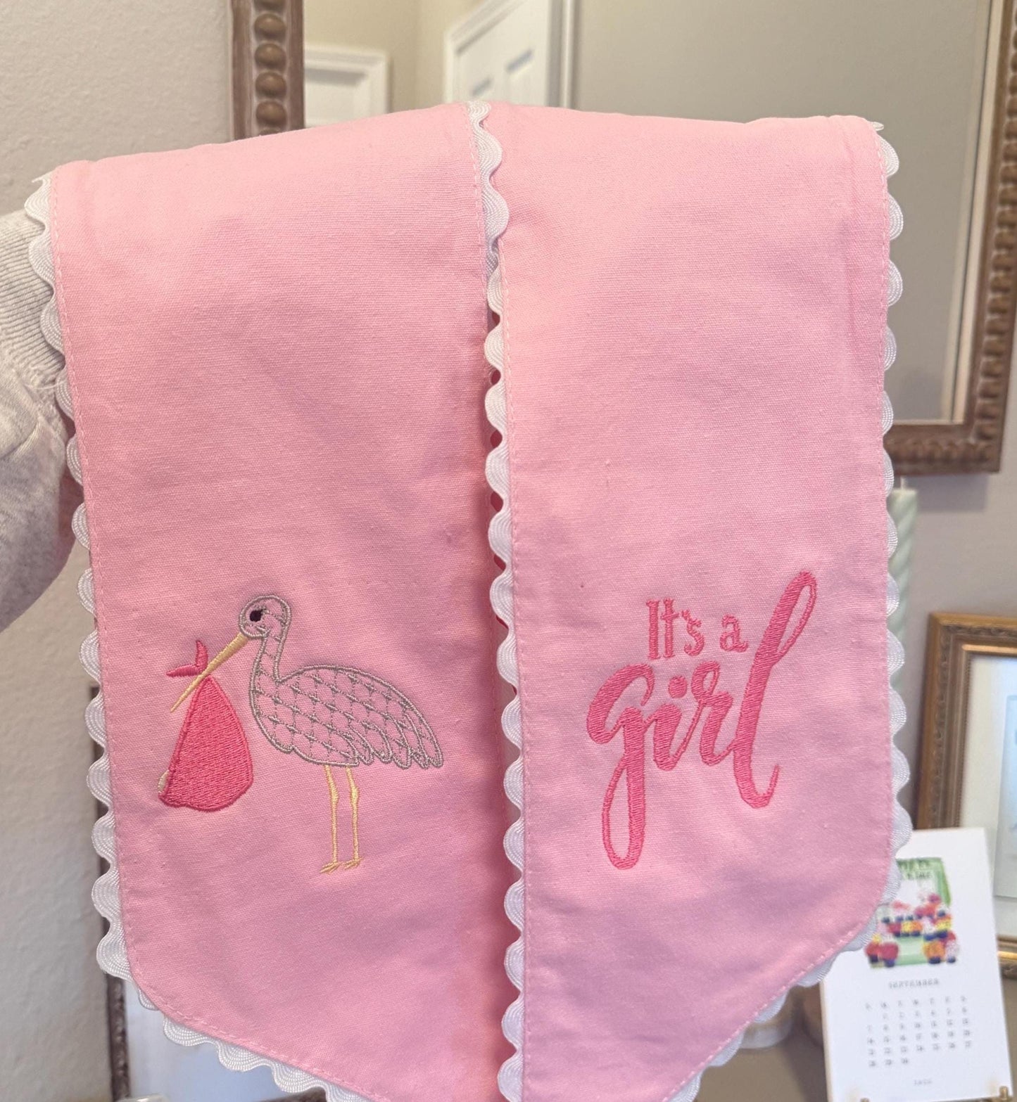 Pink Baby Girl Sash: Stork Embroidery, Ric Rac Trim - Nursery Decor