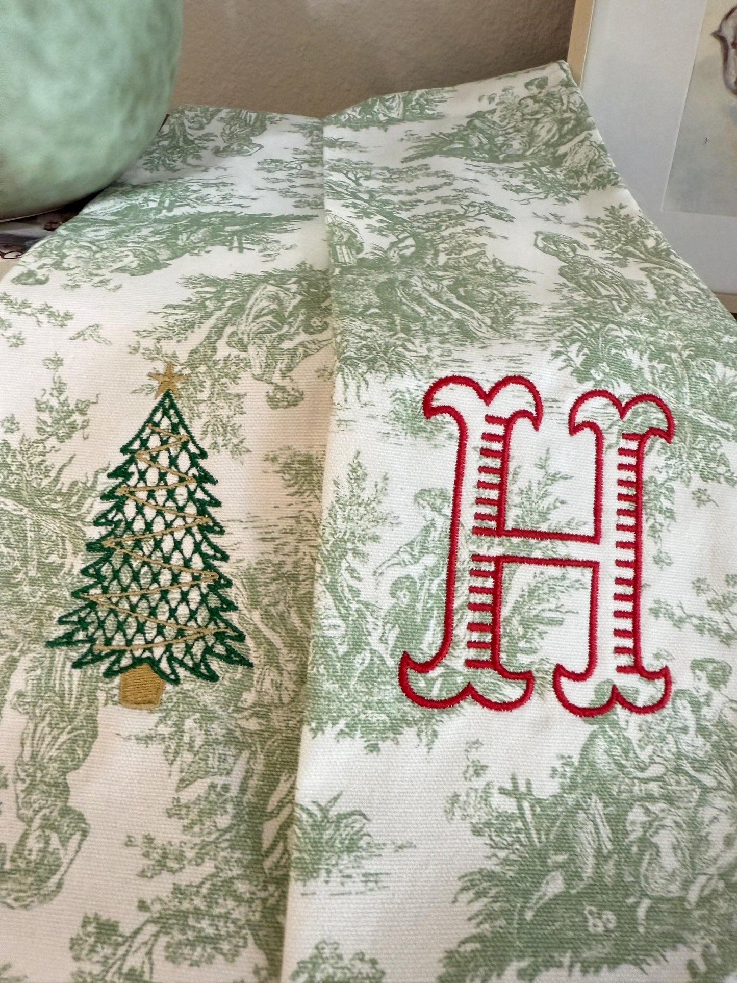 Christmas Wreath Sash in Green Toile Fabric | Holiday Wreath Bow Alternative | Elegant Christmas Door Decor | Christmas Tree | Outdoor Decor