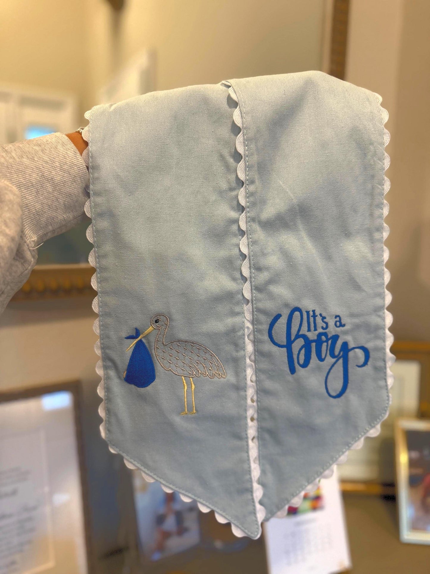 Baby Boy Stork Sash: Blue Ric Rac Trim, Nursery Decor