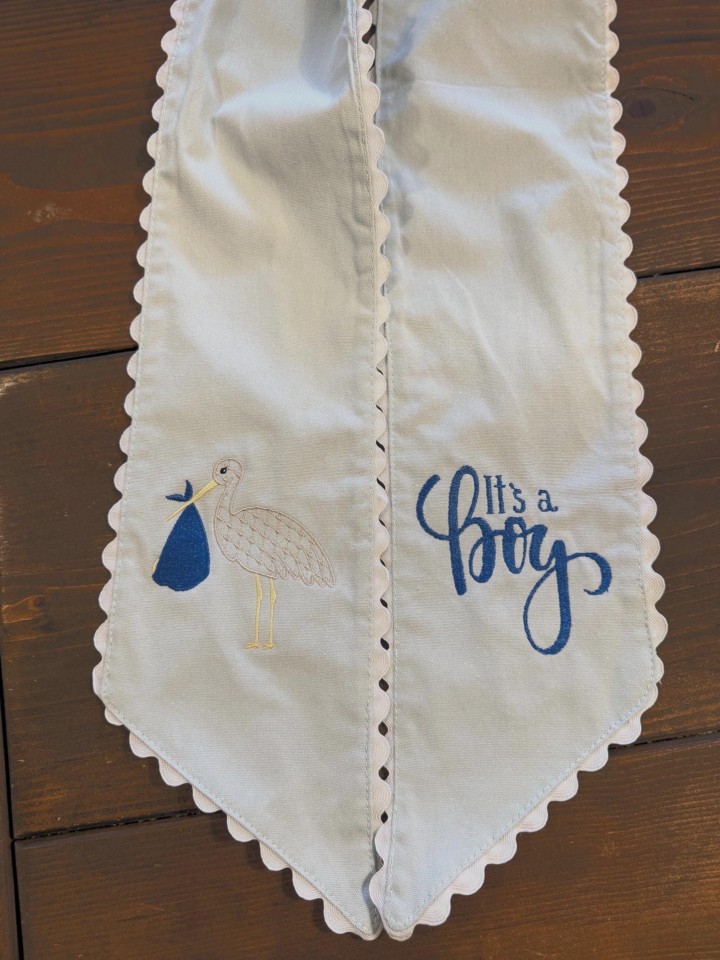 Baby Boy Stork Sash: Blue Ric Rac Trim, Nursery Decor