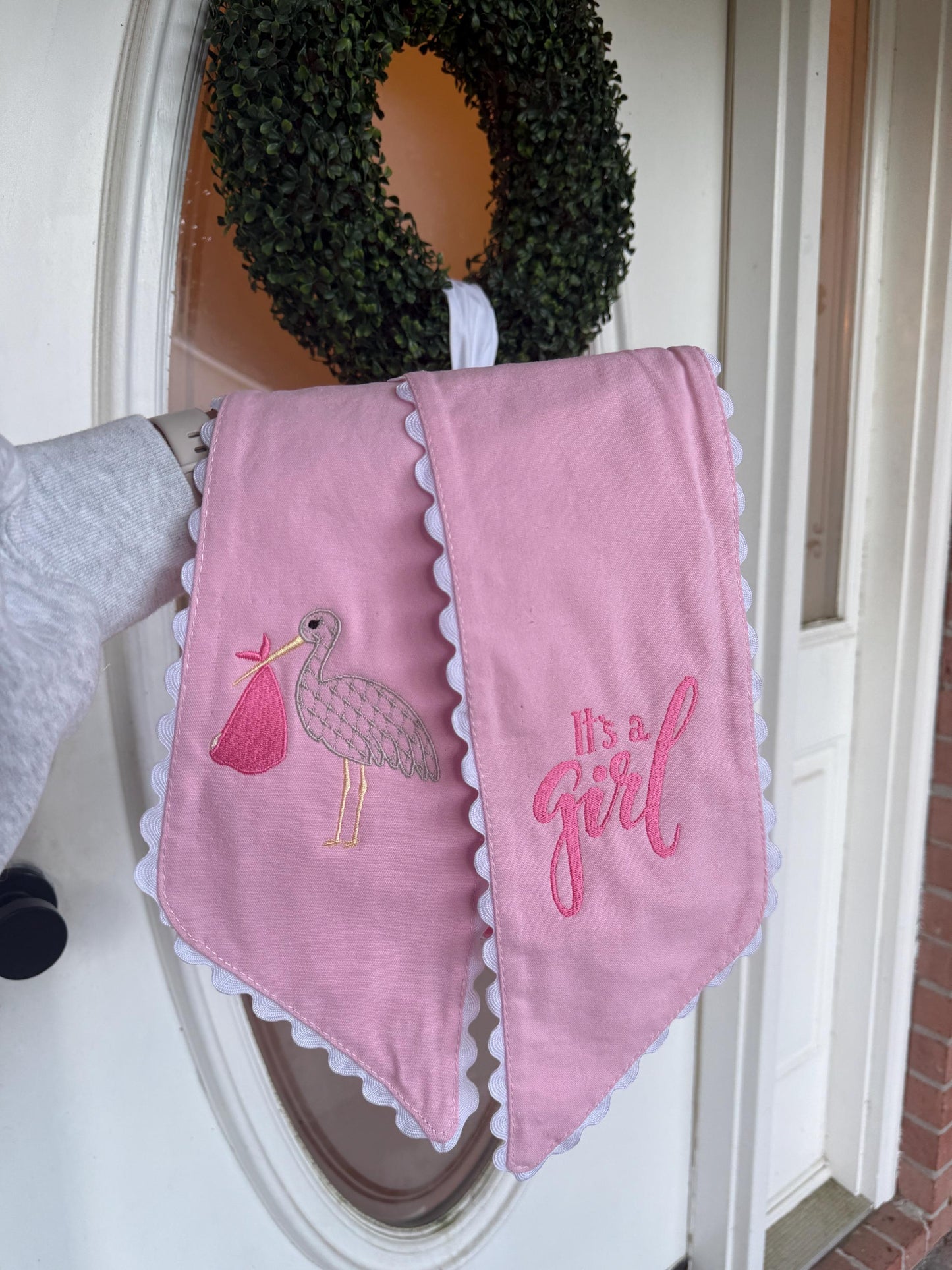 Pink Baby Girl Sash: Stork Embroidery, Ric Rac Trim - Nursery Decor