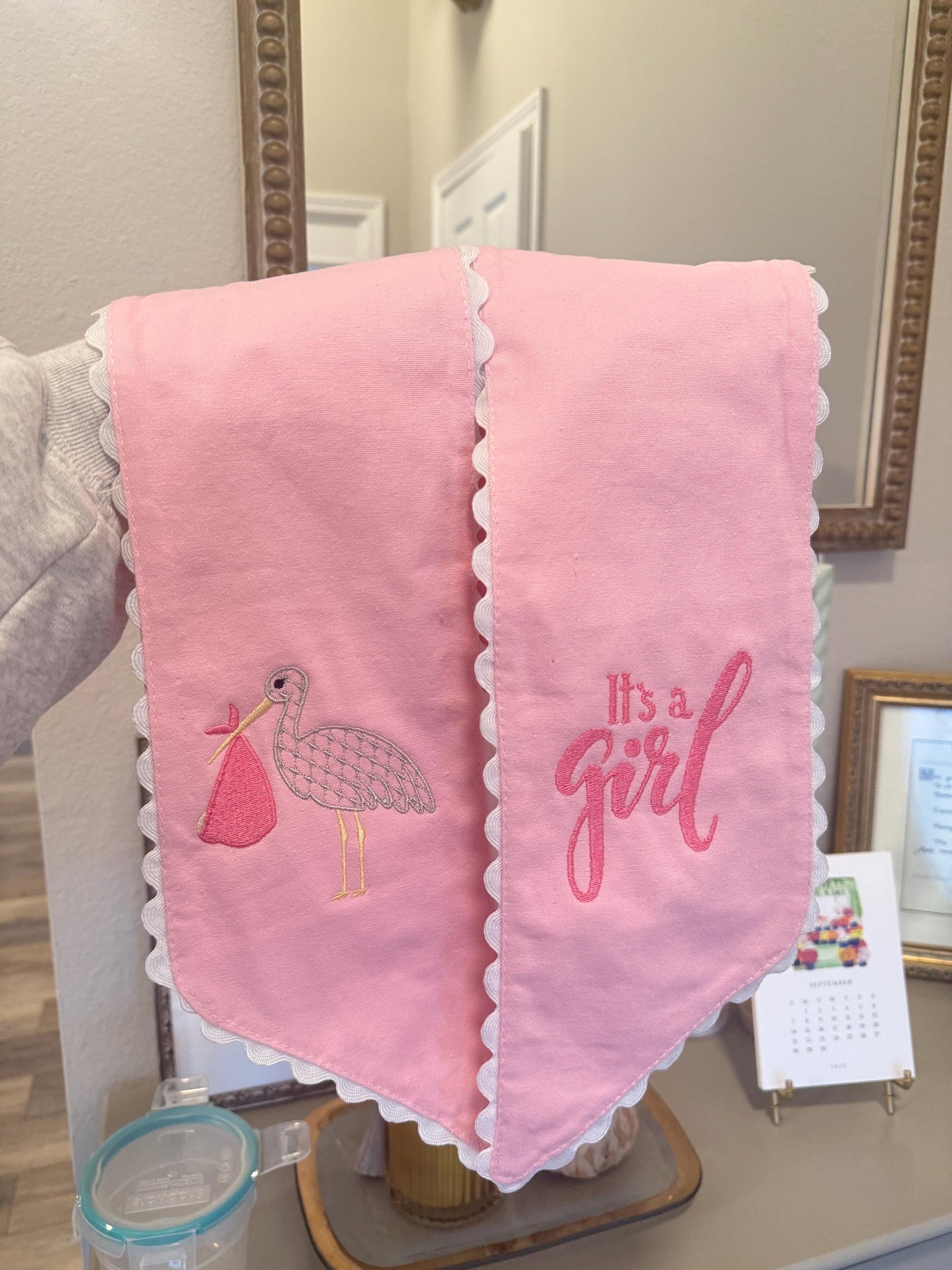 Pink Baby Girl Sash: Stork Embroidery, Ric Rac Trim - Nursery Decor