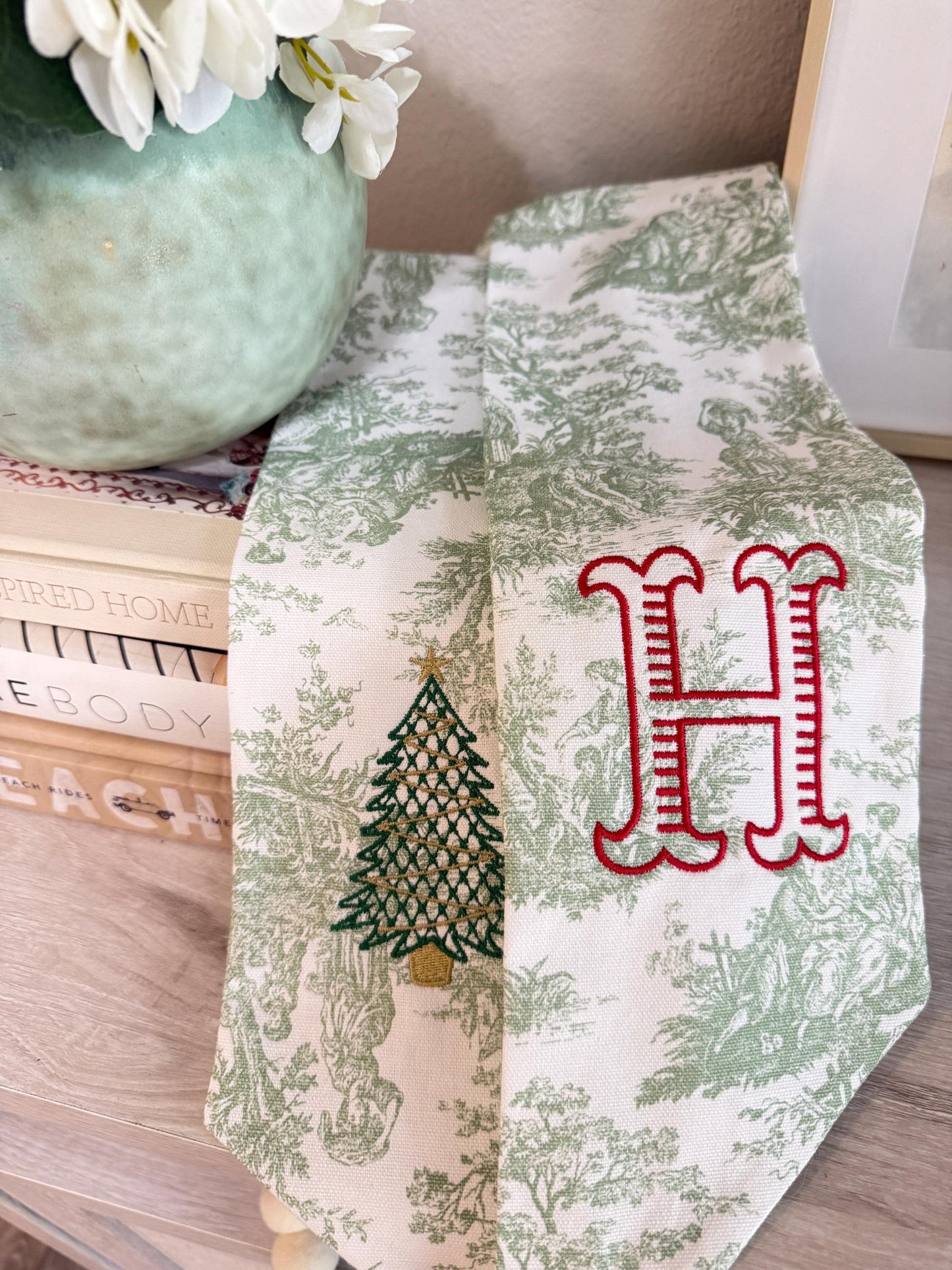 Christmas Wreath Sash in Green Toile Fabric | Holiday Wreath Bow Alternative | Elegant Christmas Door Decor | Christmas Tree | Outdoor Decor