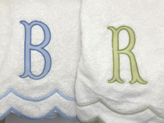 Embroidered Monogram Scalloped Hand Towel: Personalized Cotton Guest Towel