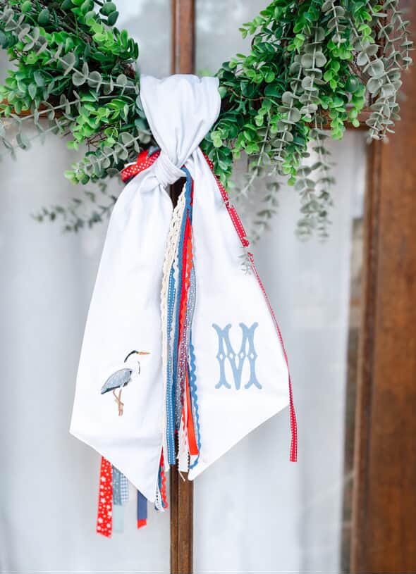 Coastal Heron Wreath Sash | White Cotton Sash with Blue Heron Design | Nautical Front Door Decor