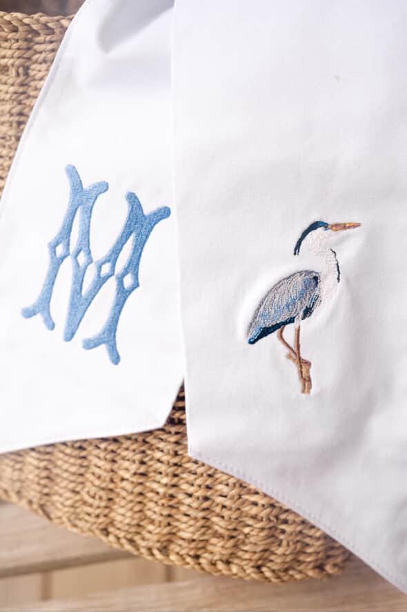 Coastal Heron Wreath Sash | White Cotton Sash with Blue Heron Design | Nautical Front Door Decor