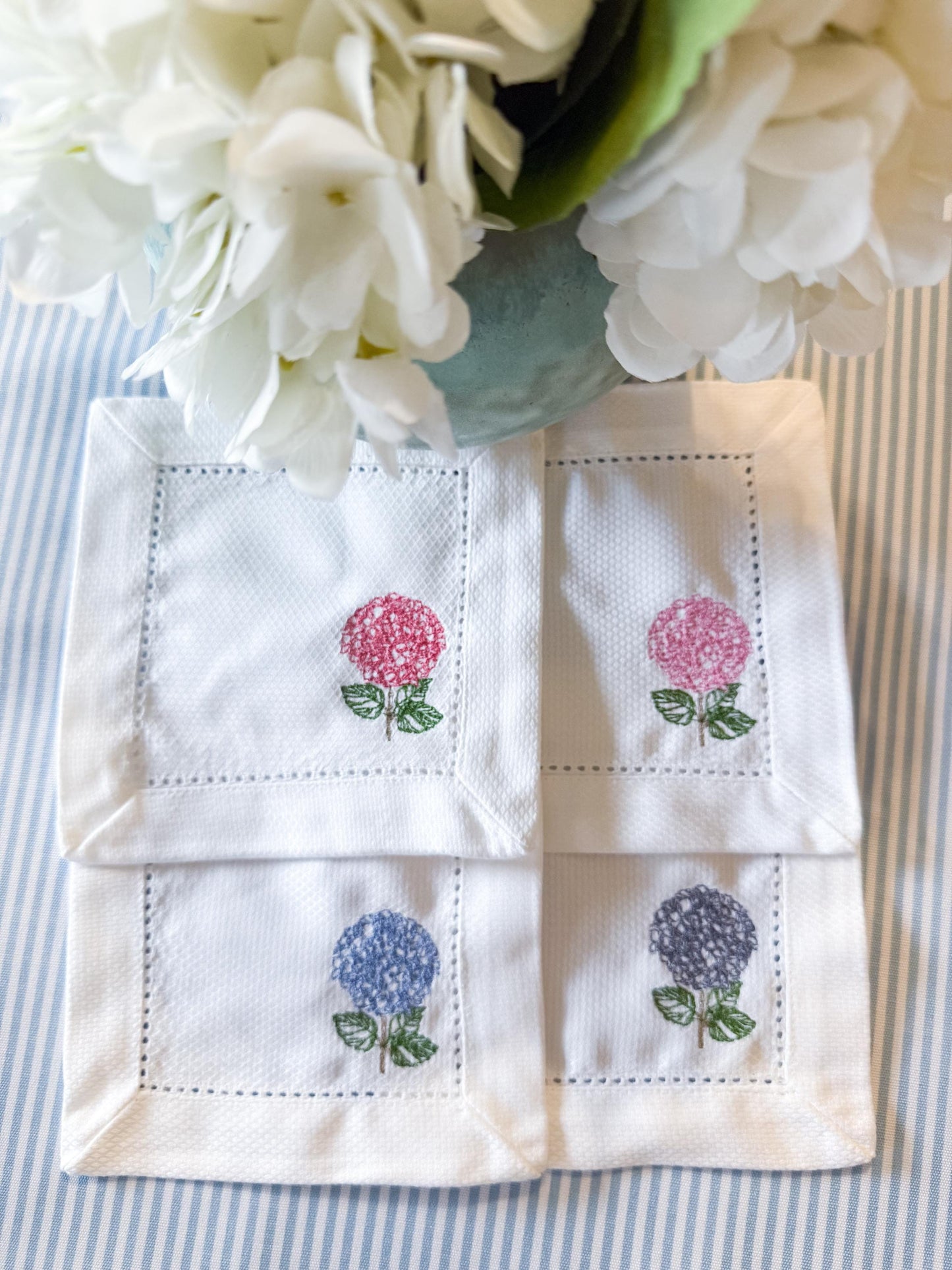Embroidered Hydrangea Cocktail Napkins | Set of 4 Linen Napkins | Floral Hostess Gift | Garden Party Decor | Monogram | Summer Table Decor