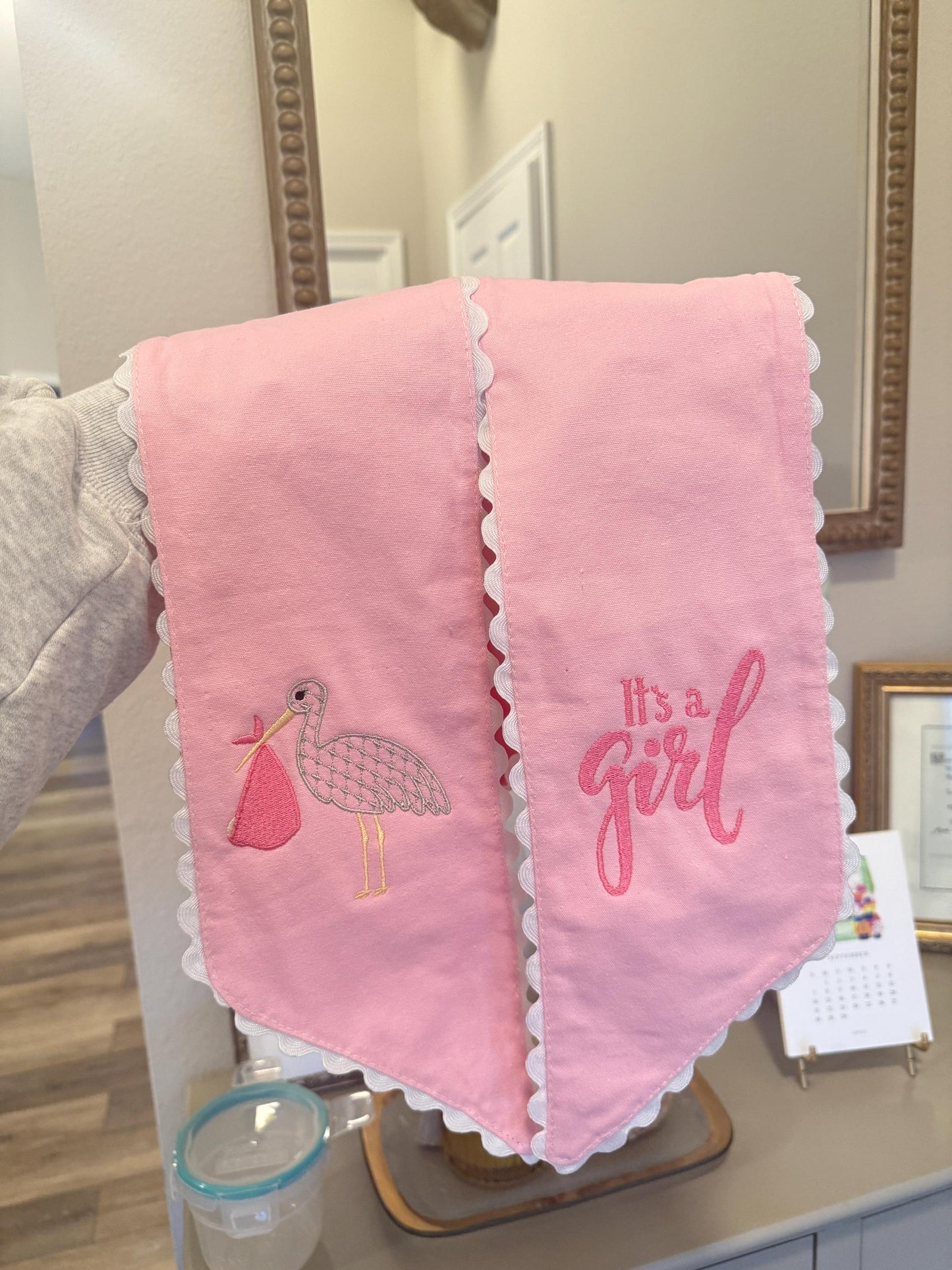 Pink Baby Girl Sash: Stork Embroidery, Ric Rac Trim - Nursery Decor