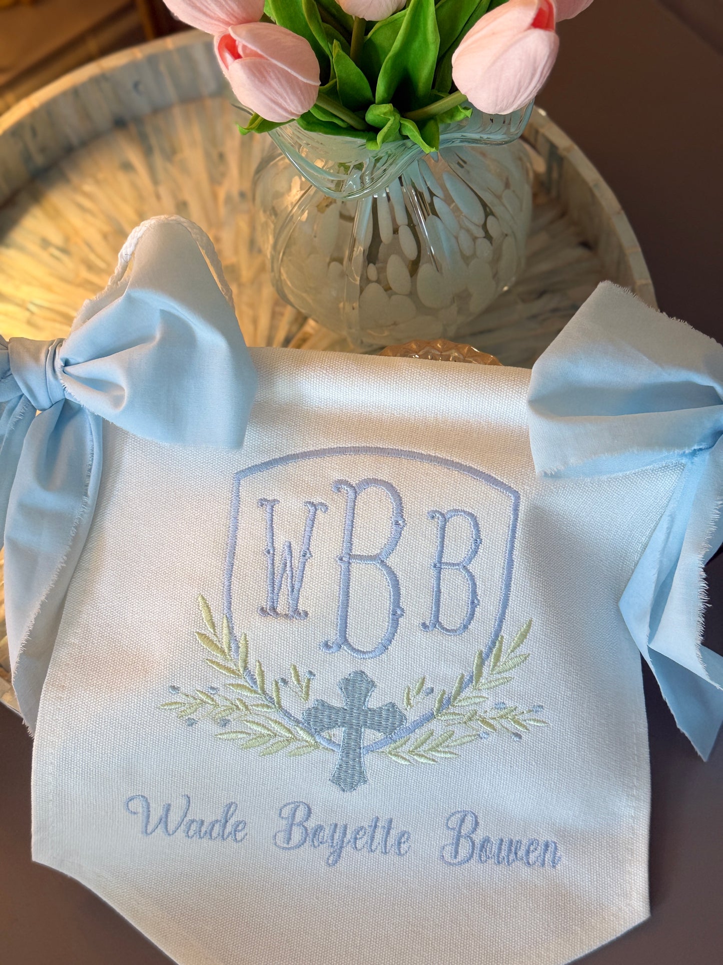 Custom Baby Boy Banner With Greenery and Cross | Hospital Door Sign