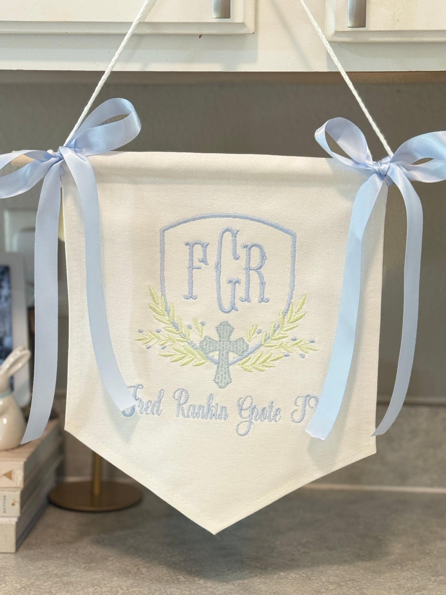 Custom Baby Boy Banner With Greenery and Cross | Hospital Door Sign