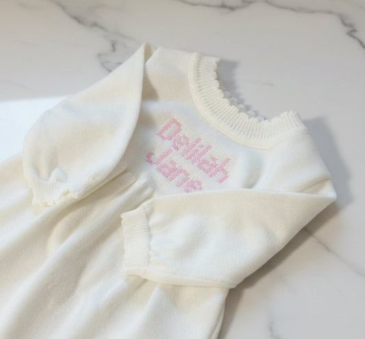 Personalized Knit Baby Gown | Cream Cotton Heirloom Keepsake, Monogrammed Girl Outfit
