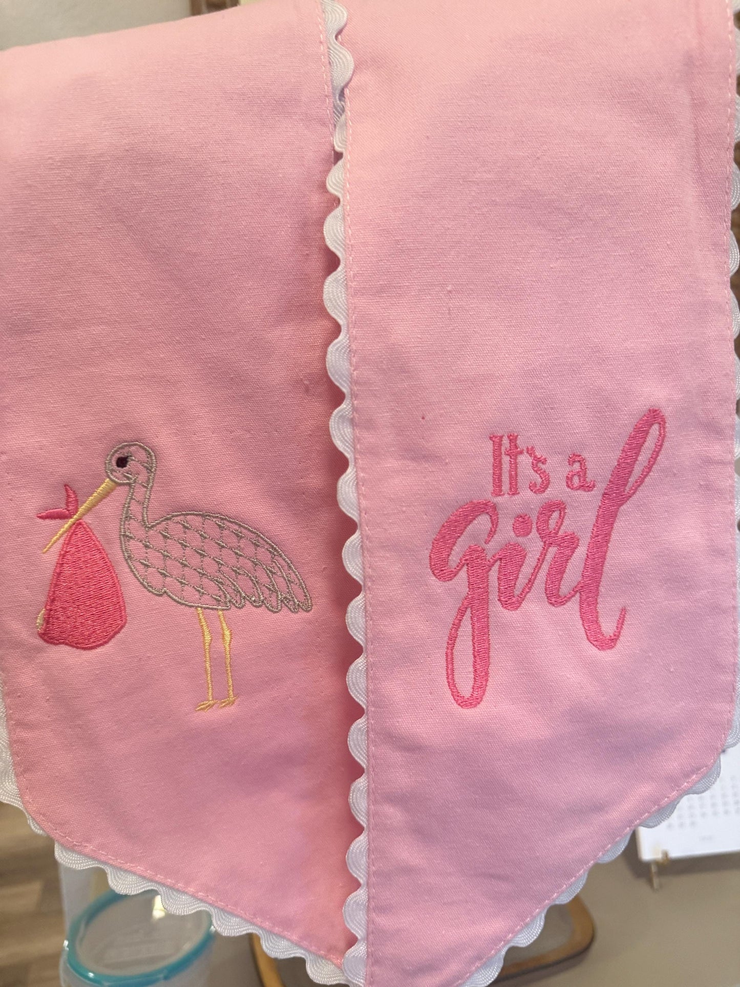 Pink Baby Girl Sash: Stork Embroidery, Ric Rac Trim - Nursery Decor