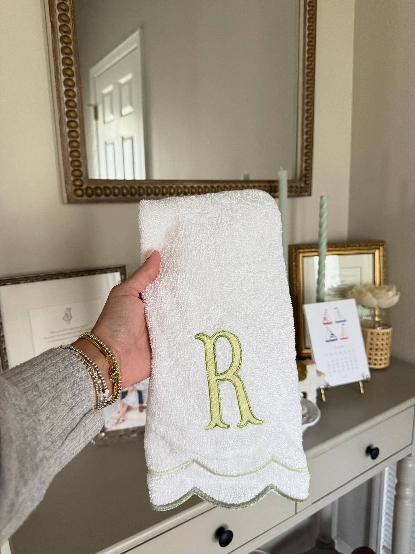 Embroidered Monogram Scalloped Hand Towel: Personalized Cotton Guest Towel
