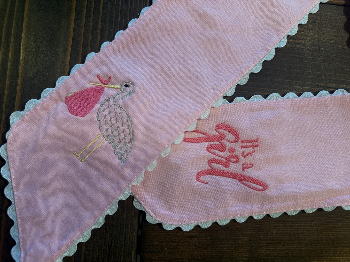 Pink Baby Girl Sash: Stork Embroidery, Ric Rac Trim - Nursery Decor