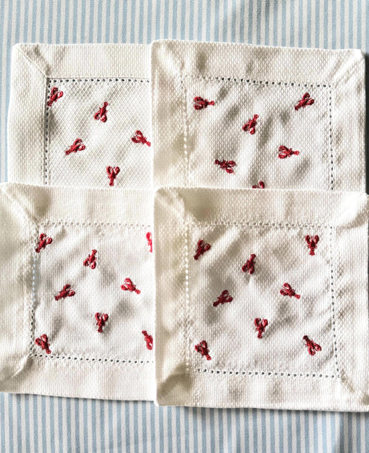 Lobster Embroidered Cocktail Napkins | Set of 4 | 6x6 White Huck Weave | Coastal Nautical Party Decor | Summer Beach House Hostess Gift