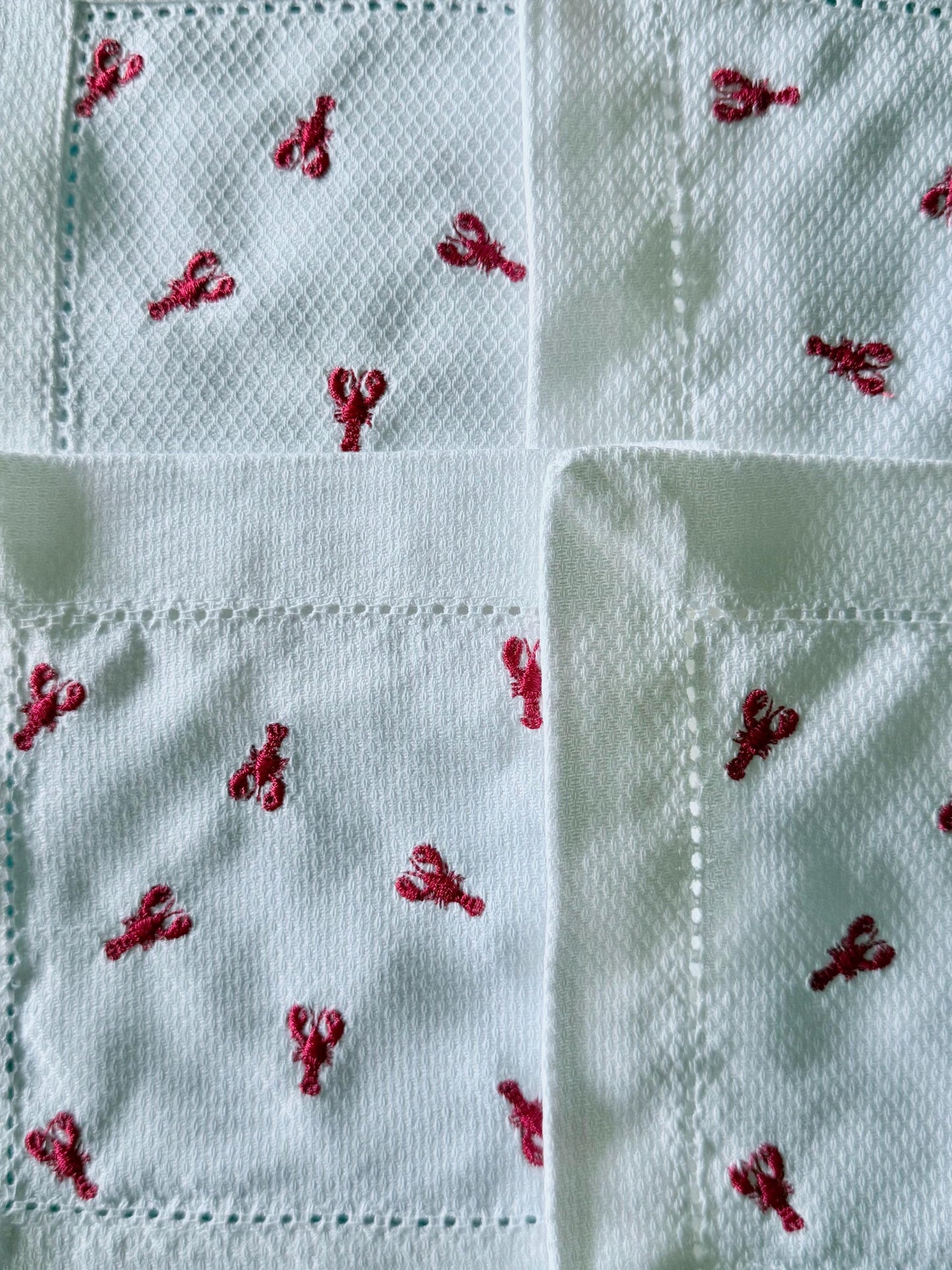 Lobster Embroidered Cocktail Napkins | Set of 4 | 6x6 White Huck Weave | Coastal Nautical Party Decor | Summer Beach House Hostess Gift