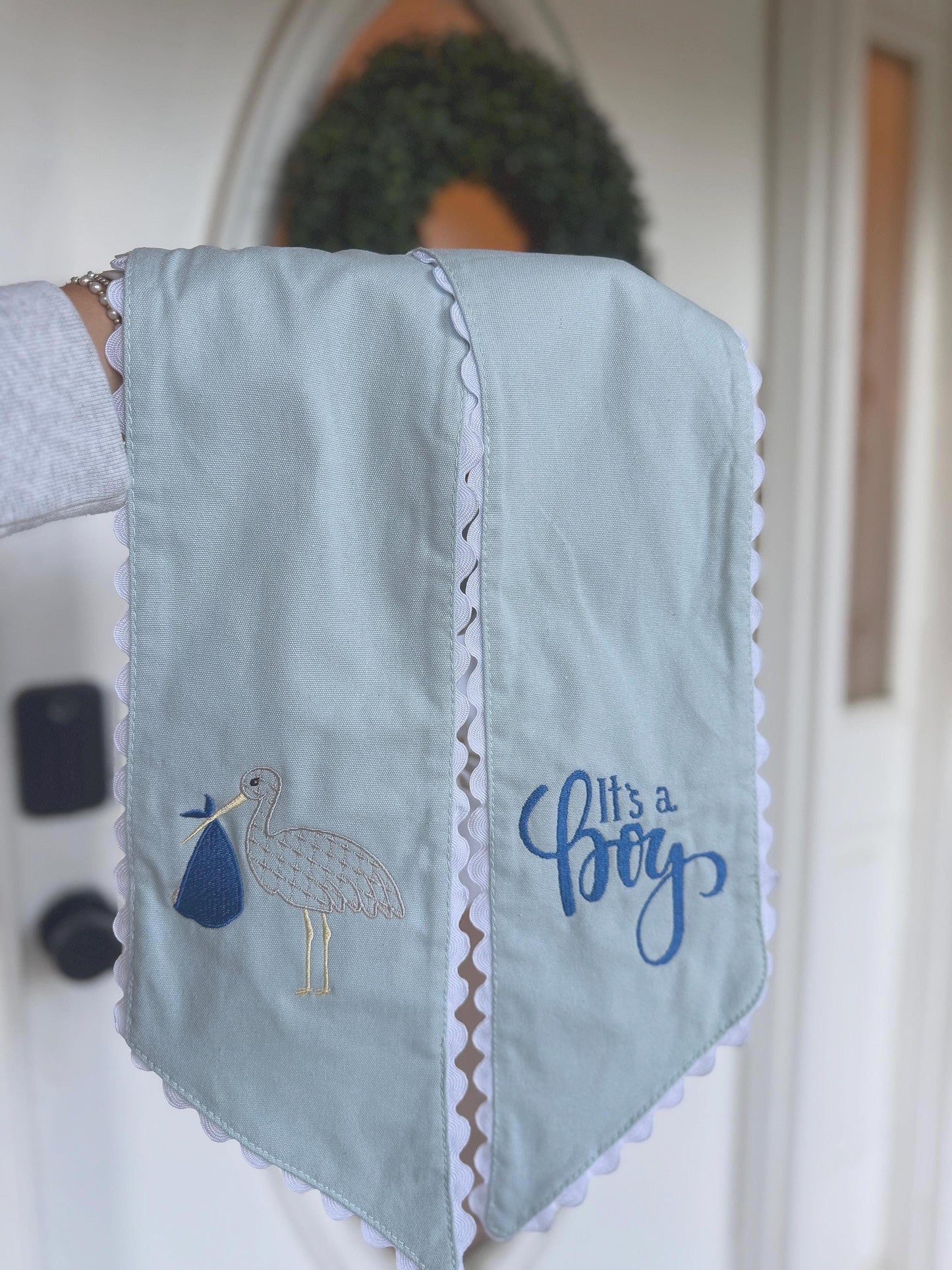 Baby Boy Stork Sash: Blue Ric Rac Trim, Nursery Decor