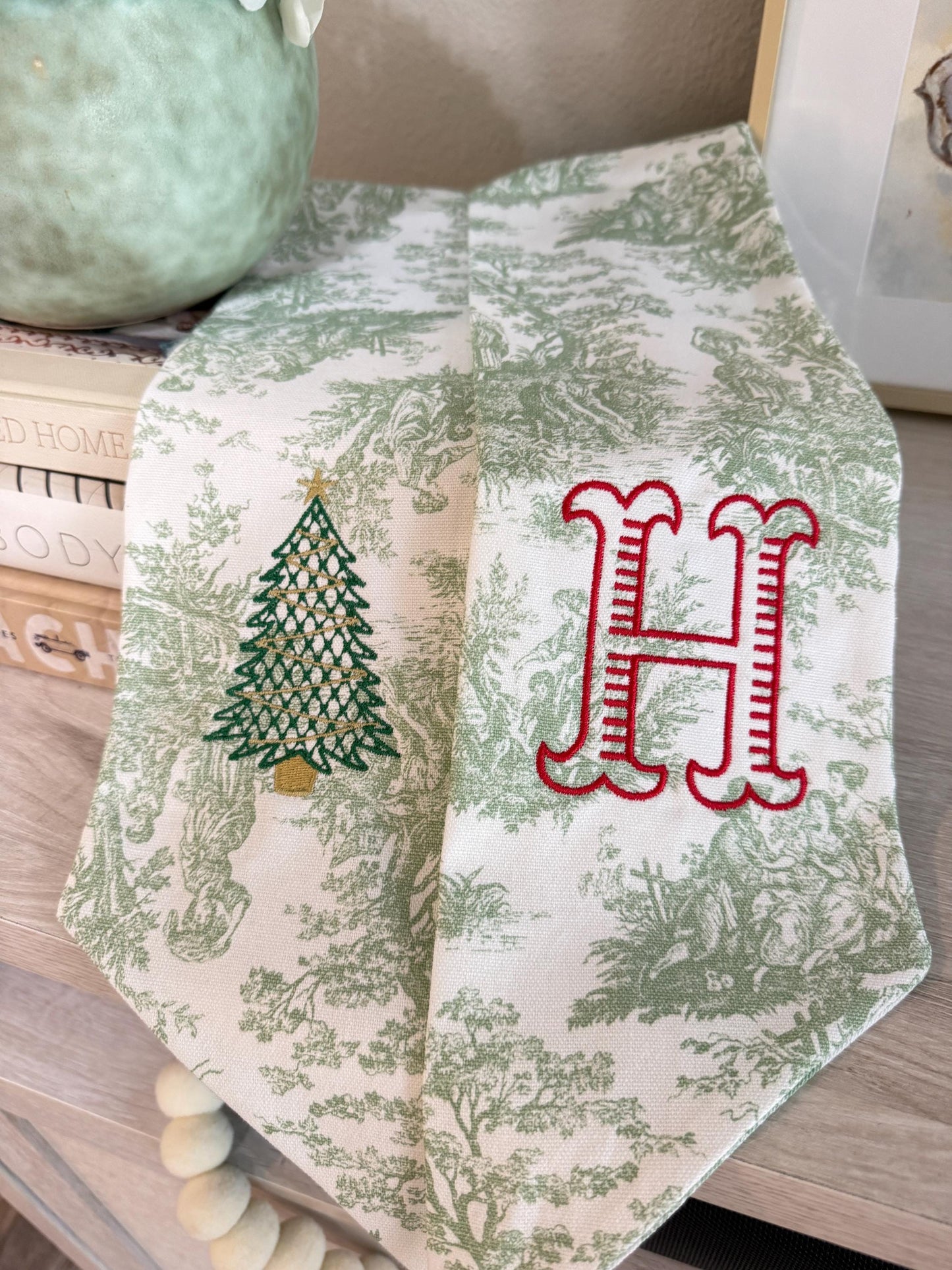 Christmas Wreath Sash in Green Toile Fabric | Holiday Wreath Bow Alternative | Elegant Christmas Door Decor | Christmas Tree | Outdoor Decor