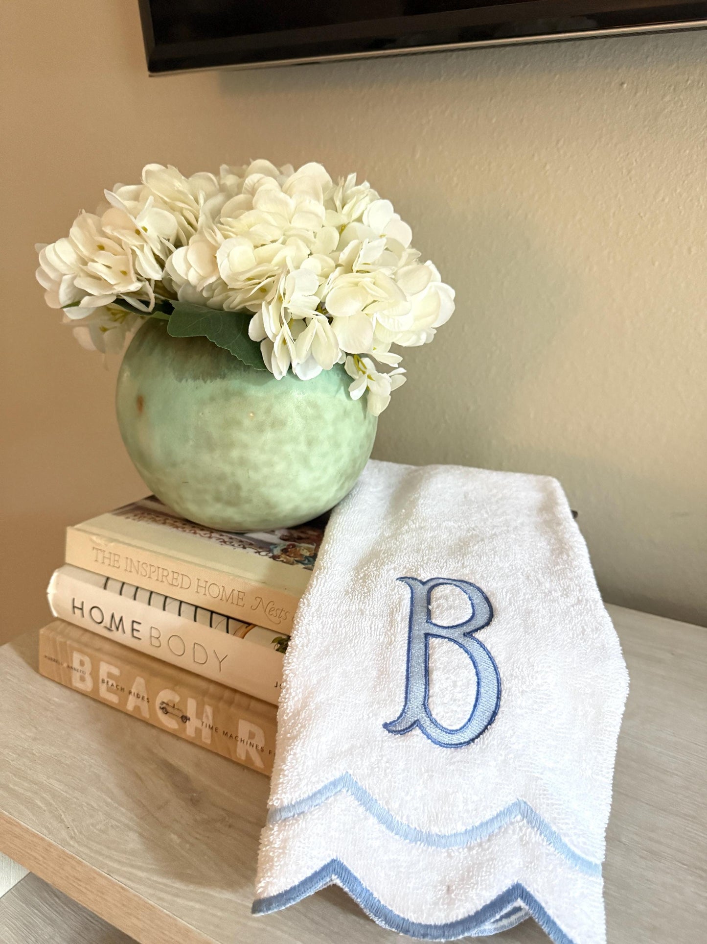Embroidered Monogram Scalloped Hand Towel: Personalized Cotton Guest Towel