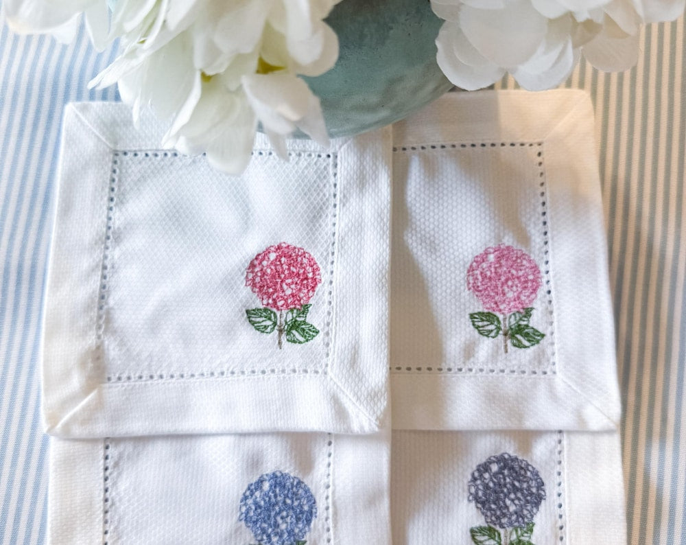 Embroidered Hydrangea Cocktail Napkins | Set of 4 Linen Napkins | Floral Hostess Gift | Garden Party Decor | Monogram | Summer Table Decor
