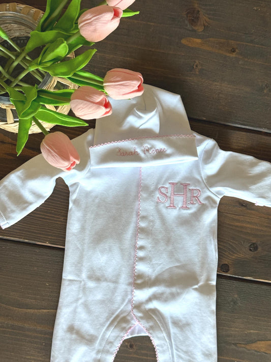 Monogrammed Baby Girl Coming Home Outfit | Cotton Onesie & Hat