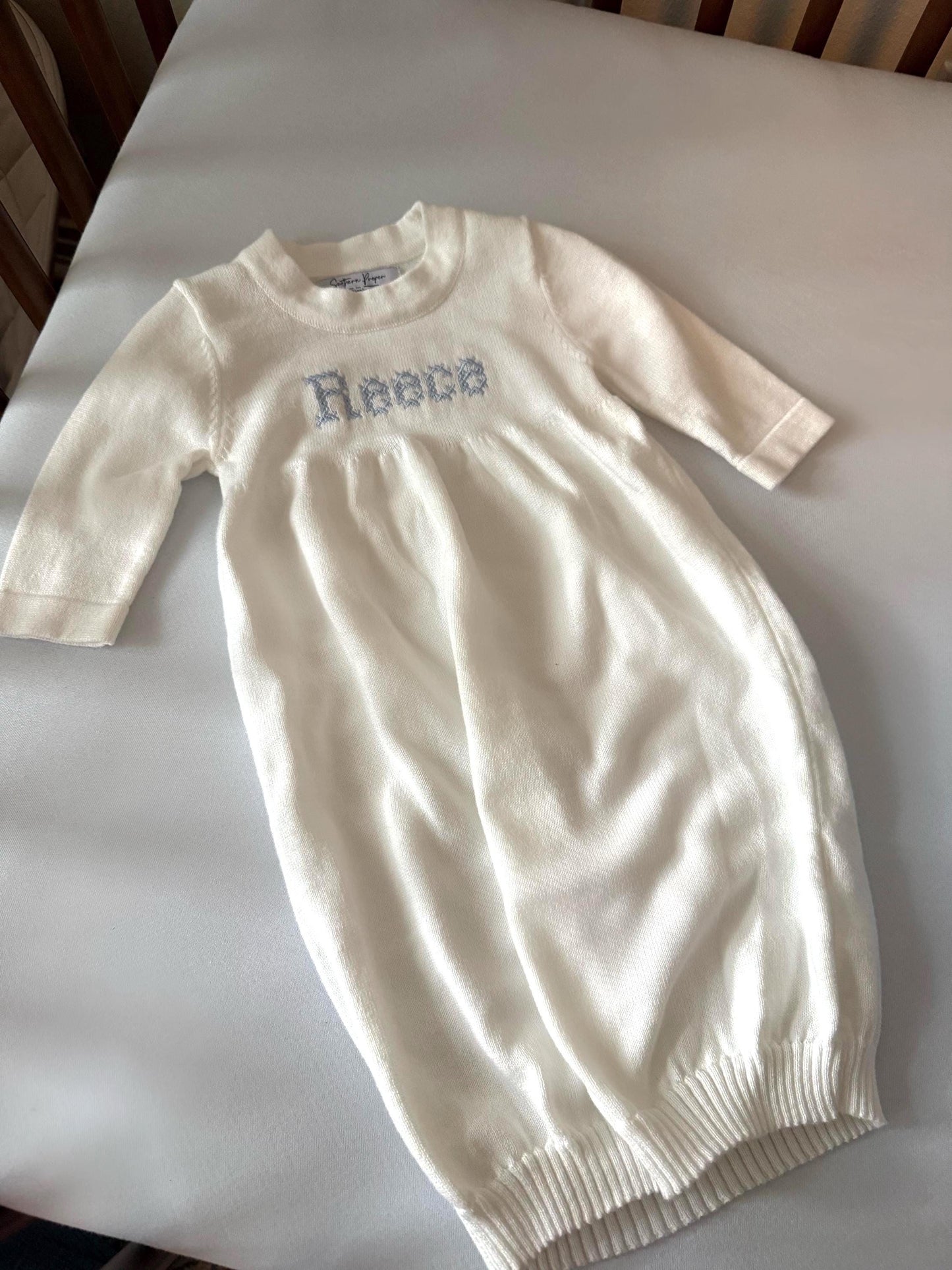 Personalized Knit Baby Gown | Cream Cotton Heirloom Keepsake, Monogrammed Boy Outfit