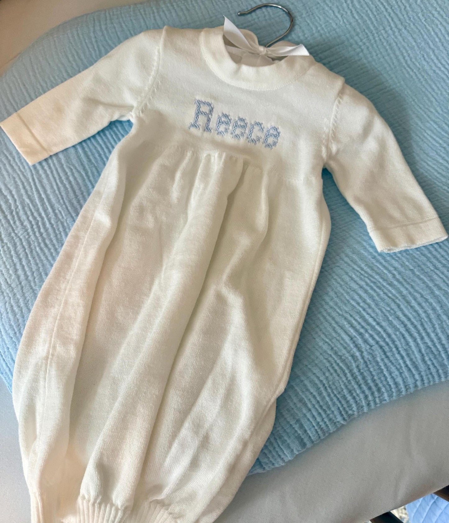 Personalized Knit Baby Gown | Cream Cotton Heirloom Keepsake, Monogrammed Boy Outfit