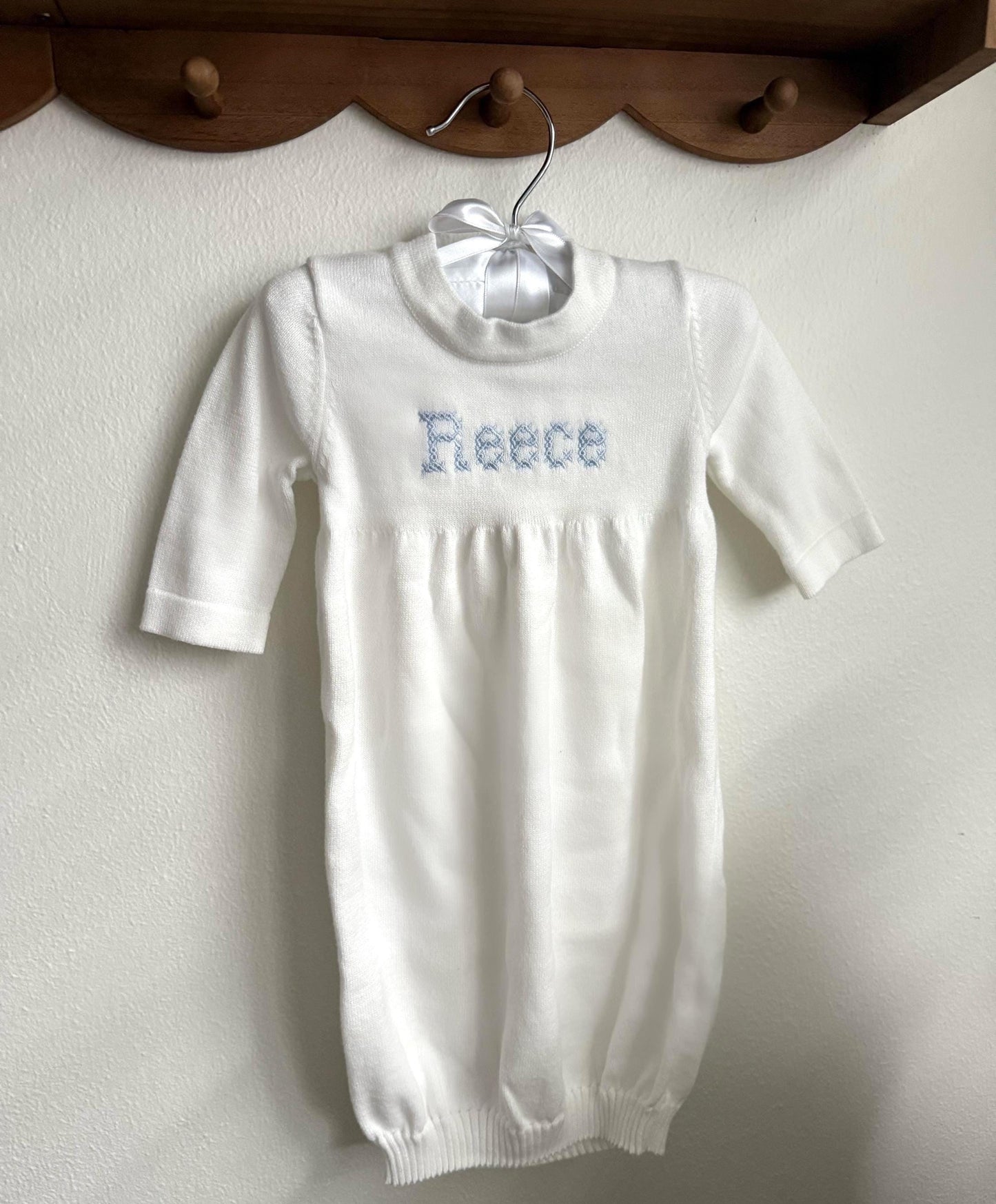 Personalized Knit Baby Gown | Cream Cotton Heirloom Keepsake, Monogrammed Boy Outfit