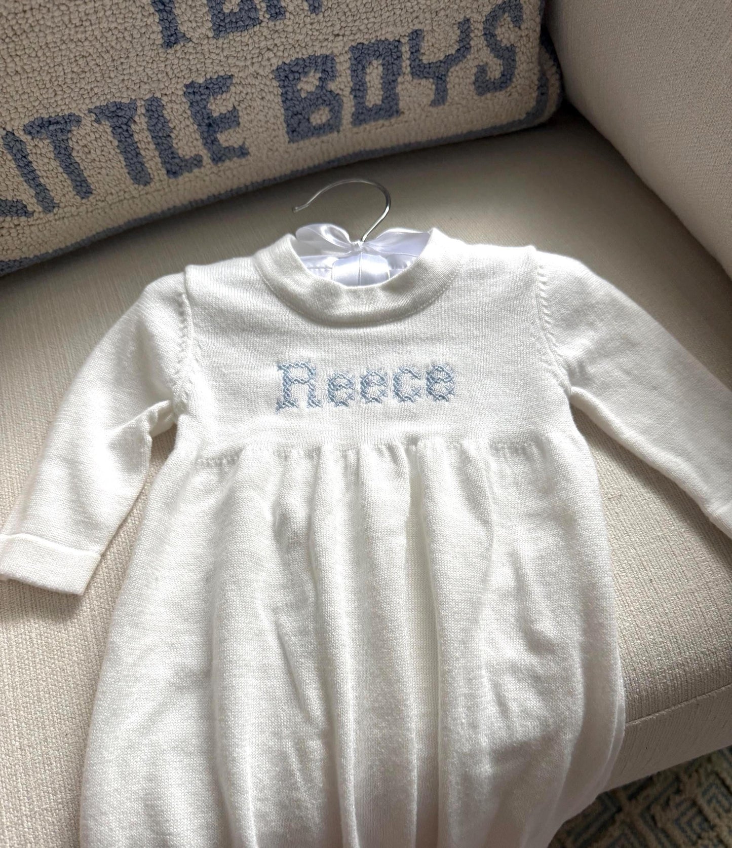 Personalized Knit Baby Gown | Cream Cotton Heirloom Keepsake, Monogrammed Boy Outfit