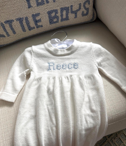 Personalized Knit Baby Gown | Cream Cotton Heirloom Keepsake, Monogrammed Boy Outfit