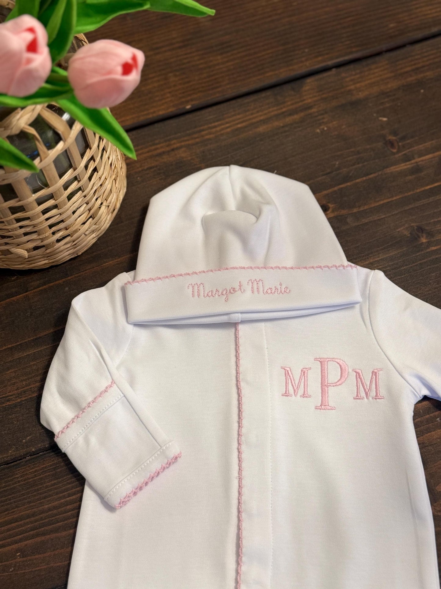 Monogrammed Baby Girl Coming Home Outfit | Cotton Onesie & Hat