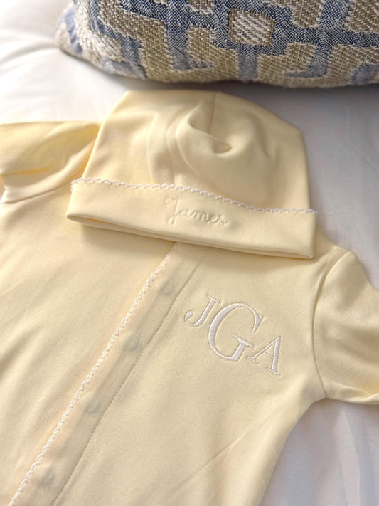 Gender Neutral Monogrammed Baby Coming Home Outfit | Cotton Onesie & Hat | Embroidered Baby Shower Gift